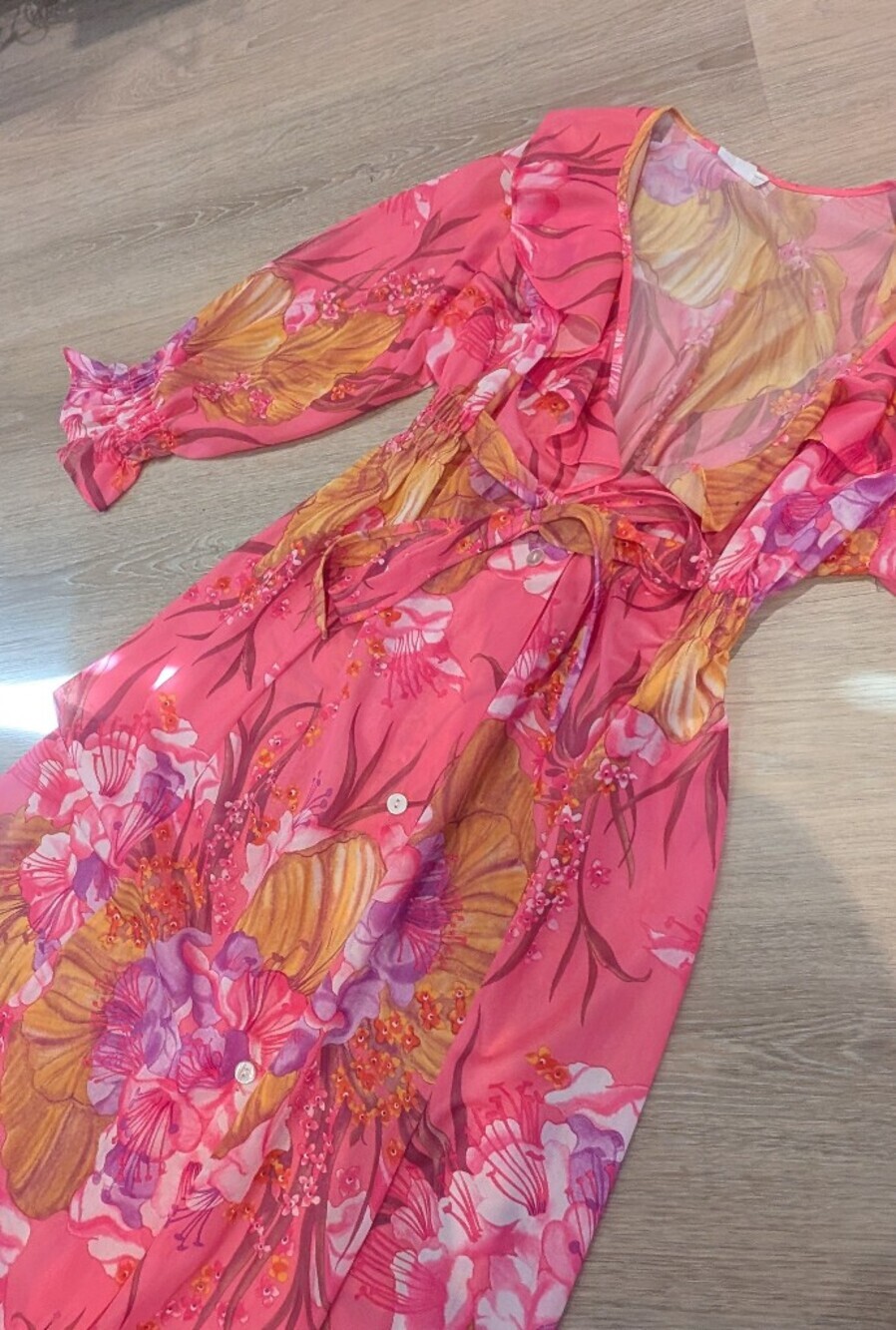 Vintage Pink Floral Maxi Duster Dress Boho Button Front - Picture 6 of 10